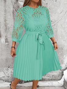 Celure Đầm thường ngày dài tay khoét rỗng màu trơn cỡ lớn - Màu xanh Bạc hà - Xem 4