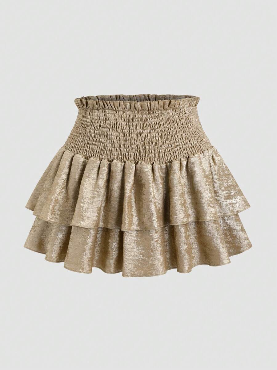 Breezaya 女式纯色荷叶边腰部分层荷叶边下摆 A 字迷你裙，适合新年节日派对服装 - 金色 - 查看 1