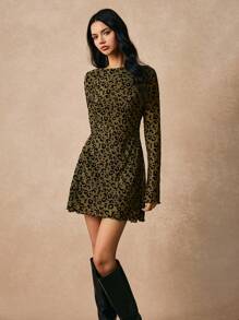Poéselle Vestido corto casual de mujer con estampado de leopardo, manga larga