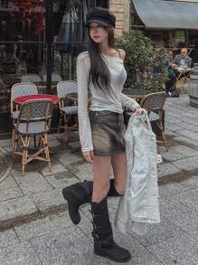 DAZY Women Solid Color Asymmetric Neckline Fitted T-Shirt, Spring/Summer Sheer Long Sleeve Women Tops - Apricot - View 2