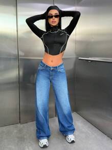 EURMUSE Women Casual Front Button Pocket Simple Design Denim Long Pants, Daily Wear - Medium Wash - View 4