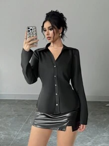 Chiquease 女士纯色前扣长袖休闲衬衫