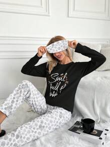 EURMUSE Conjunto de pijama de mujer de algodón con estampado de lunares y letras - Negro - Ver 5