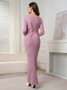 Modelyn Women Rhinestone Decorated Round Neck Long Sleeve Casual Sweater Dress - Pink - View 2