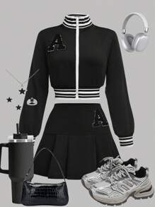 SHEIN 少女黑白长袖短款夹克和百褶裙 2 件套休闲套装 - 黑與白 - 查看 1