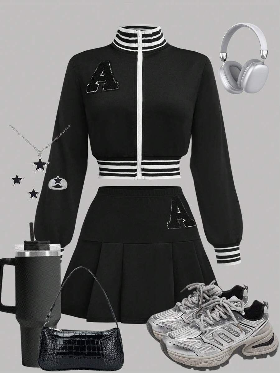 SHEIN 少女黑白长袖短款夹克和百褶裙 2 件套休闲套装 - 黑與白 - 查看 1