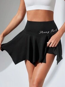 Wide Waist Hem Asymmetrical Design Sports Version Skirt - Black - View 3
