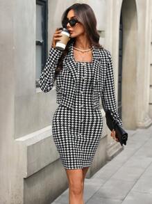 SHEIN Clasi Women's Suit Jacket And Dress Set With Pearl Button Closure, Elegant & Fashionable - Black and White - View 4