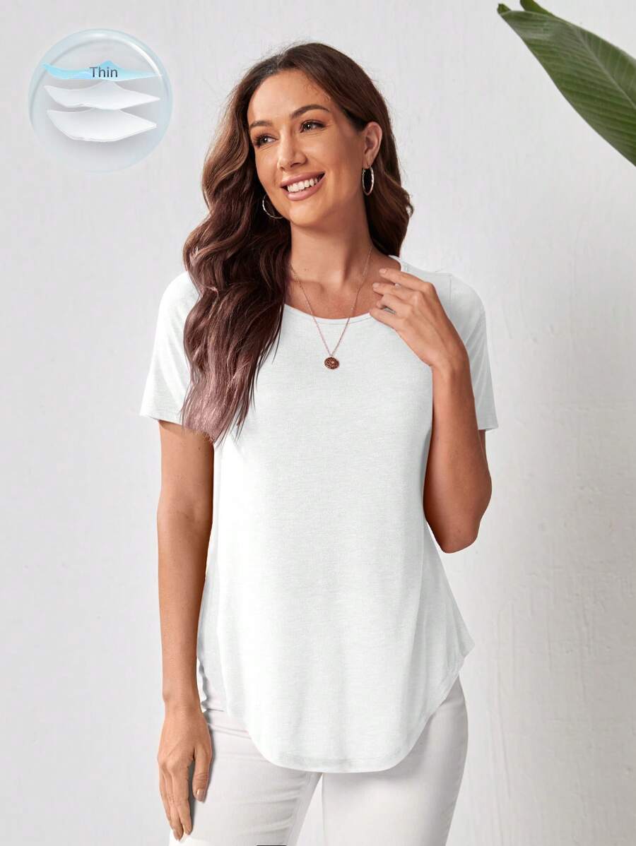 EMERY ROSE Camiseta de mujer de cuello redondo de primavera blanca con bajo curvo - Blanco - Ver 1