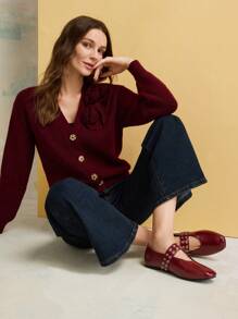 MOTF PREMIUM 女士新款法式复古高品质PU皮革石纹双排扣方头平底鞋，酒红色，百搭气质，优雅质感，轻便耐磨，舒适高级玛丽珍鞋 - 酒紅色 - 查看 9