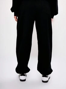MUSERA Calça de moletom com punho e logo bordado, ideal para férias e viagens no aeroporto. - Preto - Ver 3