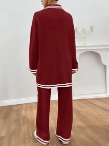 EURMUSE Women Stripe Pattern Pocket Detailed Front Button Cardigan & Sweater Pants Set - Burgundy - View 3