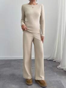 EURMUSE Damen Zweiteiler aus einfarbigem Top mit rundem Ausschnitt und Langarm sowie Hose, minimalistischer Lässig Anzug