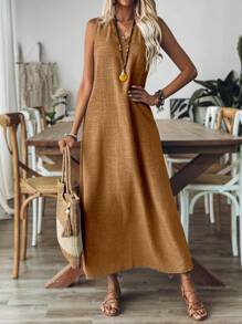 Breezaya Vestido casual de unicolor sin mangas, elegante para uso diario, vestido largo para mujer - Marrón - Ver 5