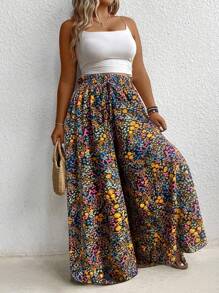 EMERY ROSE Plus Size Floral Printed Wide Leg Casual Vacation Pants Fall Cloth For Women - Multicolor - View 6