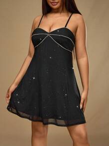 Forever 21 Fall & Winter Women Black Homecoming/Back To School/Christmas/Party/Bachelorette Outfits/Mini Dress With Rhinestone Decoration And Spaghetti Straps - Black - View 6