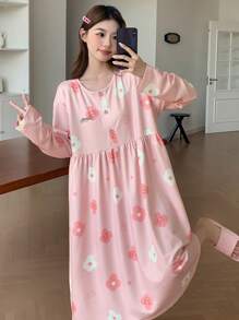 DAZY Teddy Bear & Floral All-Over Print Letter Decor Loose Nightgown Pajama - Pink - View 5
