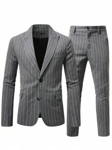 Manfinity Mode Bộ đồ đi làm kẻ sọc cho nam: Bộ áo khoác và quần - Xám - Xem 3