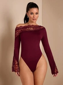 SHEIN BAE 女士秋冬纯色性感优雅不对称蕾丝撞色长喇叭袖紧身衣，适合分层搭配，温暖针织紧身衣，外向，浪漫约会，派对 - 酒紅色 - 查看 3