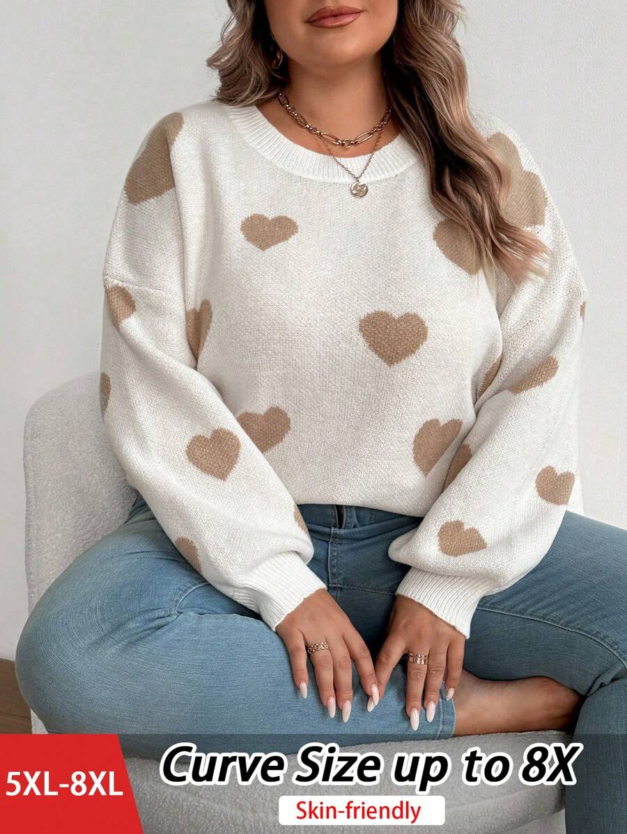 SHEIN CURVE+ Plus Autumn/Winter Ombre Heart Pattern Oversized Pullover Sweater, Young & Casual Knit Pullover Fall - Camel - View 1
