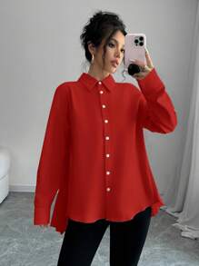 Chiquease 女式杏色卡其色拼布原创设计弧形褶皱不对称飘逸休闲宽松宝宝领衬衫领长袖上衣新年衣服 - 紅色 - 查看 4