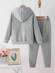 SHEIN 年轻女孩时尚可爱耳机印花灰色连帽衫和运动裤套装，适合秋冬季休闲外出或聚会 - 灰色 - 查看 2