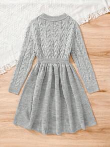 SHEIN Leap Crew Tween 女童圆领拼布 A 字形喇叭下摆休闲舒适保暖套头毛衣连衣裙，具有不同纹理，适合日常穿着、休闲场合 - 淺灰色 - 查看 3