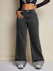 SHEIN SXY Women's Front Button Pocket Simple Casual Jeans, Daily Wear - Grey - View 1