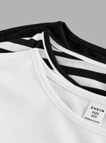 3pcs/Set Tween Girls Fitted Casual Solid Color & Striped Round Neck Ruched Waist Long Sleeve T-Shirt, Black & White Striped Knit Tops - Black and White - View 8