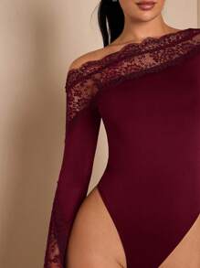 SHEIN BAE 女士秋冬纯色性感优雅不对称蕾丝撞色长喇叭袖紧身衣，适合分层搭配，温暖针织紧身衣，外向，浪漫约会，派对 - 酒紅色 - 查看 5