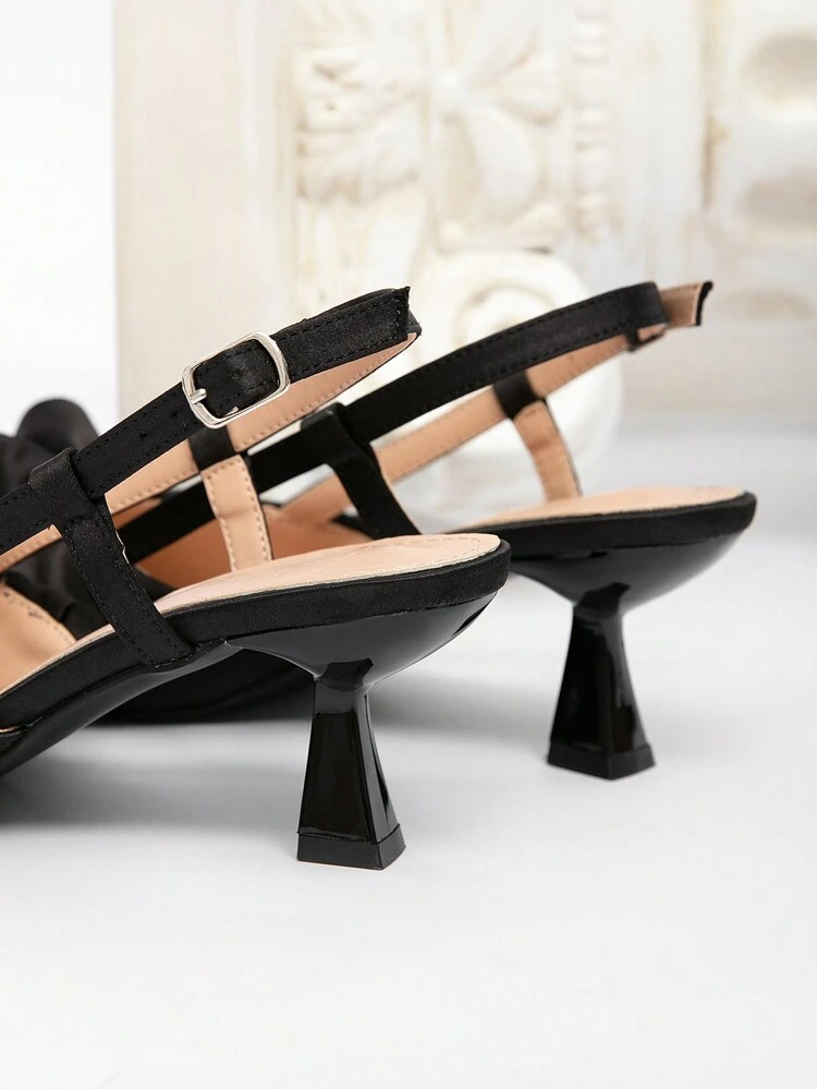 CUCCOO CHICEST 女性用 黒 エレガントフリル サテン 尖った つま先 ローヒール ホロウアウト パンプス バレンタイン