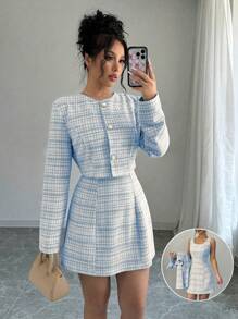 Selianne Women's Plaid Print Button Front Long Sleeve Jacket & Round Neck Sleeveless Dress Elegant 2 Pieces Set