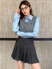 DAZY Women Plain Pleated Simple Short Grey Mini Skirt, Casual Fall Skirts