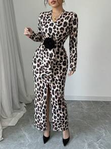 Chiquease V-Neck Long Sleeve Sexy Leopard Print Bodycon Dress, Slim Fit Slit Design, Fashion Maxi Women Outfit Fall Cloth For Women
