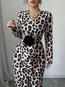 Chiquease V-Neck Long Sleeve Sexy Leopard Print Bodycon Dress, Slim Fit Slit Design, Fashion Maxi Women Outfit Fall Cloth For Women