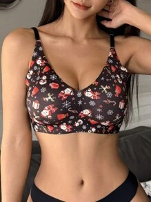 DAZY Cute Christmas Pattern Printed Wireless Seamless Comfortable Breathable Push-Up Bra - Black - View 6