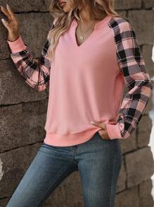 EMERY ROSE Plaid Raglan Sleeve Notched Neckline Sweatshirt,Long Sleeve Tops Pullover Fall Sweatshirt - Pink - View 5
