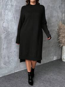 EMERY ROSE Plus Size Bodycon Turtleneck Sweater Dress With Side Slit Design, High-Low Hem, Color-Blocked Sleeves. Made With Multicolored Yarn For A Comfortable And High-Quality Feel.Parties, Music Festivals, Home Wear, Back-To-School Events, Gifting, And Shopping.Turtleneck Sweater,Winter Women Dress,Elegant Women Dresses,Fall Clothes Curve,Winter Clothes,Office Dress,Classy Dress,Elegant Dresses - Black - View 6