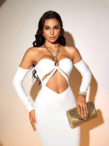 SHEIN SXY Sexy Party Club Chain Decor Hollow Shoulder Off Shoulder White Mini Dress