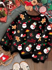 SHEIN 圣诞雪人和姜饼人卡通印花休闲宽松保暖内衬套头衫，少女，适合秋冬季圣诞装 - 彩色 - 查看 2