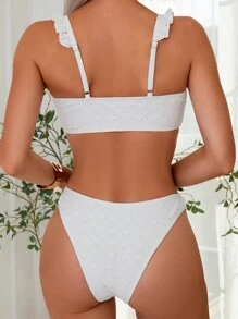 SHEIN Swim Conjunto de bikini de verano para mujer con textura de volantes y atar - Blanco - Ver 2