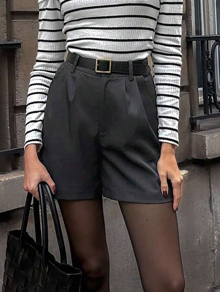 Chiquease Women French Style Solid Color Pleated Loose Casual Shorts - Light Grey - View 1