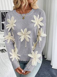 SHEIN Unity Handmade 3D Floral Decor Sweater, Stylish For Autumn/Winter Knit Pullover Fall - Grey - View 3