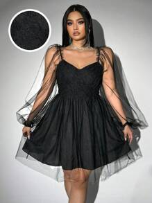 Allurite Plus Size Valentine's Day Mesh & Contrast Lace Square Collar Plicated Mini Dress, With Heart, Rose, Polka Dot, Love, Lip, Cupid, Floral Details