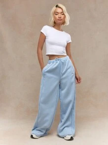 MISSGUIDED Pleat Stitch Wide Leg Jogger With Drawstrings - Blue - View 3