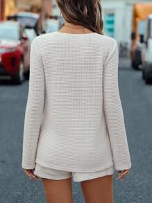 INAWLY 2 件套女士休闲纯色长袖前系带衬衫和短裤套装，秋冬 - 杏色 - 查看 2