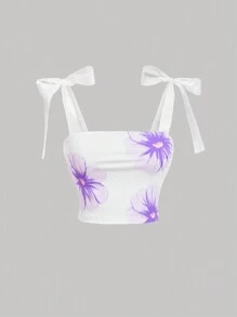 SHEIN MOD Top de tirantes con cordón con estampado localizado para mujeres, blusa bonita, tops de mujer blancos y violetas, top sin mangas para graduación