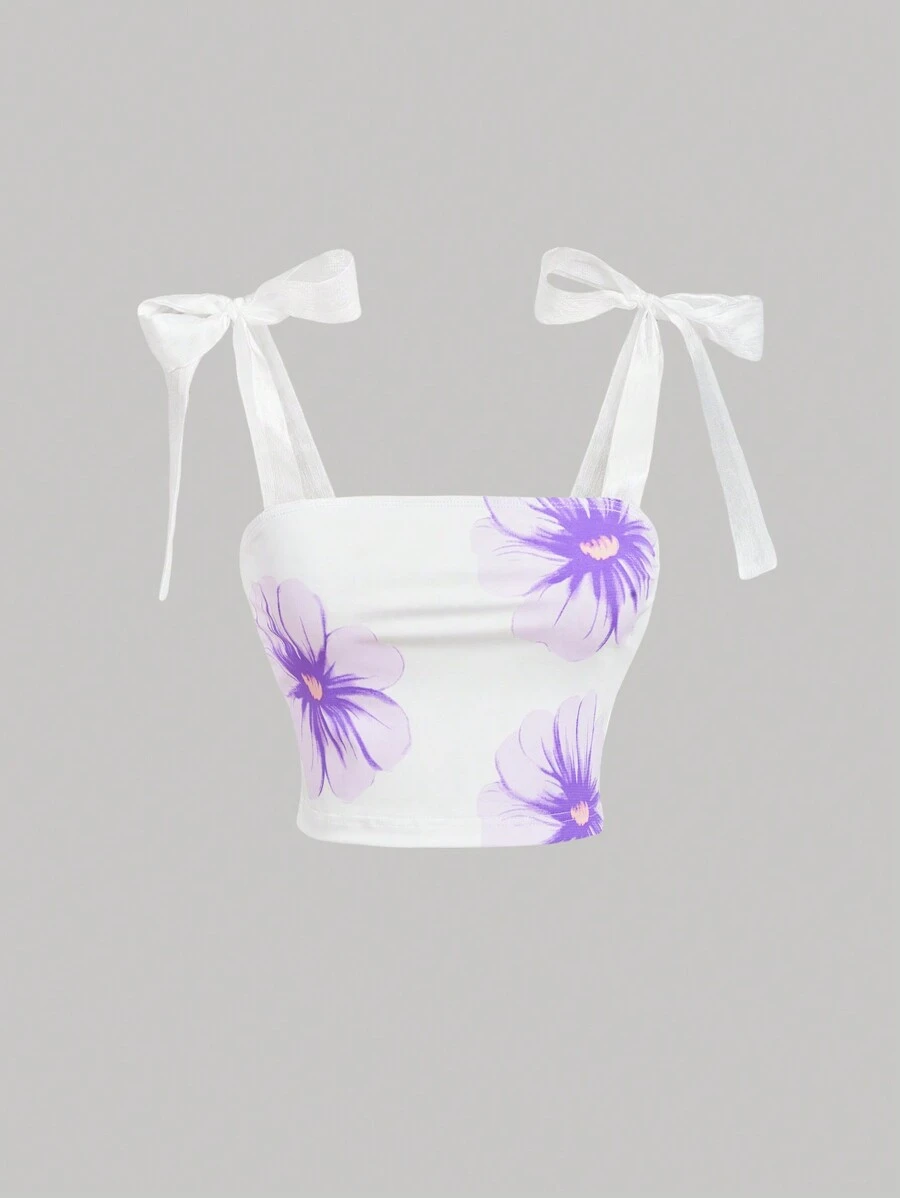 SHEIN MOD Top de tirantes con cordón con estampado localizado para mujeres, blusa bonita, tops de mujer blancos y violetas, top sin mangas para graduación