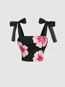 SHEIN MOD Áo tank top nữ in họa tiết địa phương, có dây rút, kiểu dáng dễ thương, màu đen và hồng, thích hợp mặc đi dự tiệc Homecoming. - màu đen - Xem 1