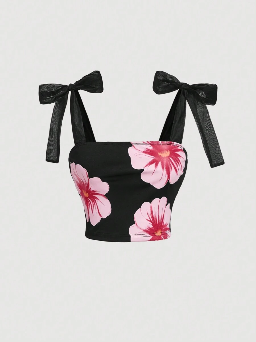 SHEIN MOD Áo tank top nữ in họa tiết địa phương, có dây rút, kiểu dáng dễ thương, màu đen và hồng, thích hợp mặc đi dự tiệc Homecoming. - màu đen - Xem 1